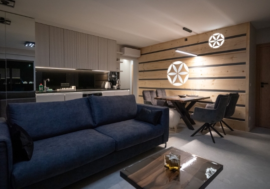 Wnętrze apartamentu - duża sofa i aneks kuchenny